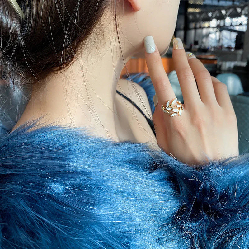 Milly | Adjustable Gold Ring With White Opal Leaf