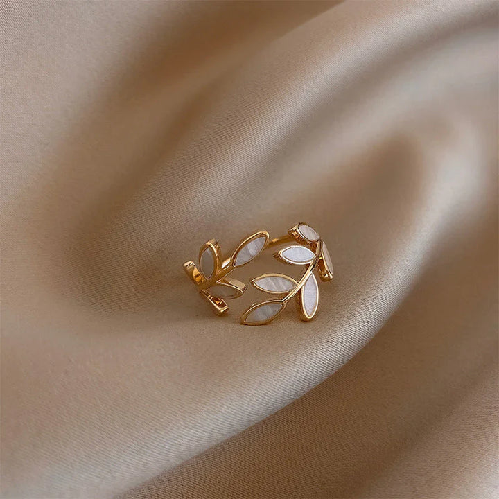 Milly | Adjustable Gold Ring With White Opal Leaf