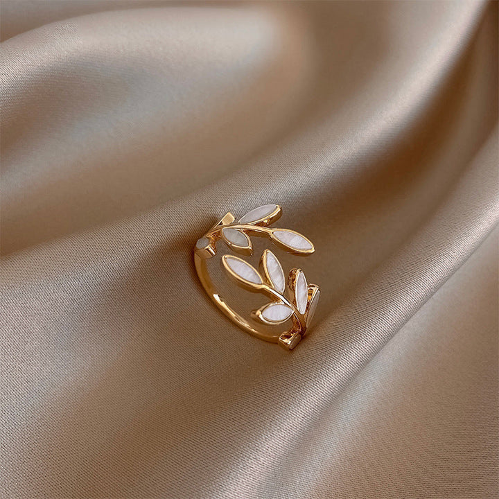 Milly | Adjustable Gold Ring With White Opal Leaf